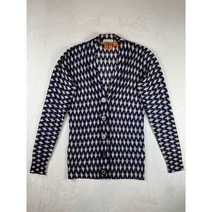 Tory Burch Diamond Pattern 100% Wool Cardigan Sweater Navy Beige‎ Size S